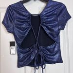 Guess Laced Back Sidra Shine Top NWT Blue Open Back Glitter Crop top Large Photo 2