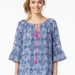 Milly  100% Cotton Blue & White Print Short Sleeve Top L Photo 0