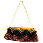 Vintage Beaded Faux Fur Clutch Purse Gold Chain 10x7 Evening Bag Red Photo 0