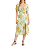 Anthropologie  The Vineyard Floral Satin Midi Dress Blue Yellow Puff Sleeve sz 4 Photo 1