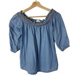 Harper Heritage  Blue Chambray Smocked Off Shoulder Short Sleeve Top S Photo 0