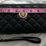 NWT Vegan Black quilted gold logo two zipper wristlet wallet, size 7”x4”, fall Photo 1