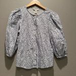 H&M Linen Blend Balloon Sleeve Button Up Blue White Floral Peasant Blouse Sz XS Photo 0