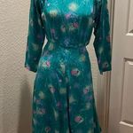 Vintage 1980s Long Sleeve Midi Dress Abstract All Over Print Teal & Pink Sz Lg Photo 0