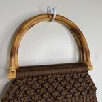Vintage Brown Macrame Crochet Boho Handbag Purse Bamboo Handles Gingham Lining Photo 4