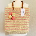 btb Los Angeles Lucy Tote, Straw Woven Pom Pom Vacation Beach Bag, Natural, NWT Tan Photo 4
