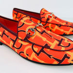 Gucci Jordaan Horsebit Logo Print Orange Fabric Flat Barbie Loafers Size EU 39.5 Photo 0
