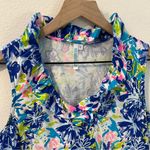 Beach Time Size S Vibrant Multicolor Abstract Floral Print Ruffle Split Neck Top Blue Photo 1