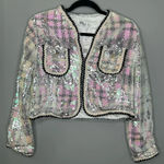 NWT Lola + The Boys Shimmer Sequin Houndstooth Bomber Jacket Silver Size Small Pink Photo 3