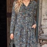 Garnet Hill  Dropwaist Button-Up Dress Blue Paisley Boho Long Sleeve Size 12 Photo 5