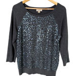 Ann Taylor LOFT Sequin Cotton Sweater in Charcoal Gray 3/4 Sleeves Boat Neck, Size Medium Photo 0