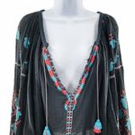 Free People  FP One Embroidered Tassel Tie Top Small Navy Blue Photo 60