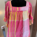 BeachLunchLounge  Square Neck Plaid Flutter‎ Sleeve Blouse Pink Yellow Orange XL Photo 0