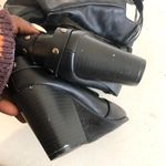 Y2K Goth Biker Western Hobo Grunge Whimsygoth Black Faux Leather Knee High Boots Studs Harness Buckles Fold Over #2000s #Mcbling #Bratz #Subversive #Acubi Size 6 Photo 1