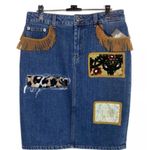 Jeremy Scott Abstract Patched Western Fringe Denim Pencil Skirt Size 4 NEW $705 Blue Photo 3