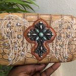 Western Boho Hippie Indie Tan cream western large beaded clutch bag purse wallet rhinestones angel wings dedazzled embellished silver tone Measurements in pics Photo 2