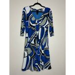 Bisou Bisou M Midi Dress Blue Gray White Stretch Abstract Print Modern Artsy Photo 10