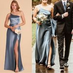 Birdy Grey  Shiny Satin Kensie One Shoulder Maxi Gown Dress French Blue Small Photo 1