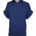 Blue linen short sleeve shirt, ladies small short sleeve relaxed fit button down Photo 1