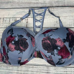 Cacique Lane Bryant 44F Boost Plunge Bra Gray Red Floral Strappy Lace Underwire Photo 0