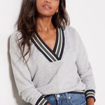 Evereve  Nova Varsity Stripe Sweatshirt EUC Small Gray/Green/Blue Photo 0