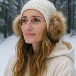 Linda Richards NEW YORK Cream Knit Ear Warmer Headband Genuine Fur Pom Poms Brown Photo 0