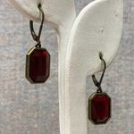 Signed NR Vintage Red Emerald Cut Leverback Dangle Earrings Antique Gold Tone Photo 3