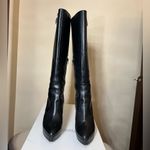 Versace Black Leather Knee High Heeled Boots with Gold Hardware Photo 1