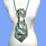“Dainty Dapper”Striped Green and Blue Tie necklace with Brooch Photo 0