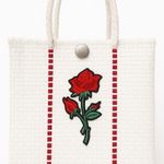 Handmade Handwoven Mexican Tote Bag with Red Rose Embroidery –White Plastic Photo 0