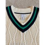 Nicole Miller Cream Cable Knit V Neck Sweater Green Navy Stripe Medium Tennis Photo 2