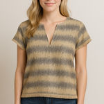 Ann Mashburn  Striped V Neck Wool Blend Blouse Size Medium Color Cream Grey Photo 0