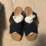 Clarks Stylish Clark’s Denim and Brown Wedge Sandals Photo 1