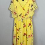 DKNY  Shirred Floral Print Crepon Midi Dress Womens 14 Yellow Flutter Sleeve Chic Photo 4