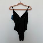 Women's One‎ Piece Swimsuit Size S Black Ribbed V Neck Minimalist Resort Classic Photo 3