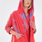 CAITE Sia Jacket Tampa Bay Coral Embroidered Hooded Open Front Cardigan Small Red Photo 0