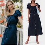 Sleeper Brigitte Linen Midi Dress Navy Size Small Puff Sleeve Tie Waist Classic Blue Photo 1