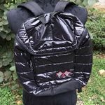 SHINY REFLECTIVE VINAL LIKE RACING CHECKERED FLAG EMBROIDERED BACKPACK Black Photo 0