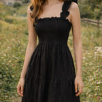 Quince  Black Smocked Tiered Midi Dress – Organic Cotton – Size L Photo 0