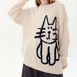 Aelfric Eden  Cozy Oversized Graphic Cat Print Sweater Neutral Cream Longline Photo 0