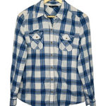 EXPRESS Plaid Metallic Button Down Top Long Sleeve Blue White Women Size Medium Photo 0