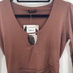 Naked Wardrobe  Smooth Keyhole Cropped Top Shirt Brown NWT Long Sleeve Photo 2