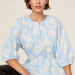 STINE GOYA Britney Peplum Blouse Blue/White Split‎ Neckline Keyhole Size XL Blue Photo 0