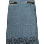 Vintage Keren Hart Small Jean Denim Maxi Skirt Floral Embroidered Leather Trim Black Photo 0