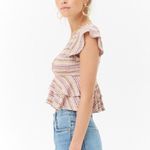 Forever 21 Striped Ribbed Ruffled Sleeve Deep Double V Babydoll 70’s Vibe Top Photo 1