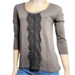 Theory Women's Size S Gray Black Lace Seamed Center Long Sleeve T-Shirt Top Photo 0
