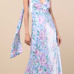 Lulus NWT  Malani Light Blue Floral Satin Sash Midi Dress Halter Wedding Size S Photo 0