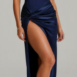 House Of CB  Roxanne Thigh High Slit Maxi Dress, Navy, Small Photo 0