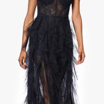 Betsy and Adam  Angelina Long Strapless Mesh Floor Length Ruffle Dress Photo 0