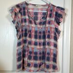 Indigo Blue Women's Indigo Rose Blue Pink Ruffle Flutter Sleeve V-Neck Blouse Size Med EUC Photo 1